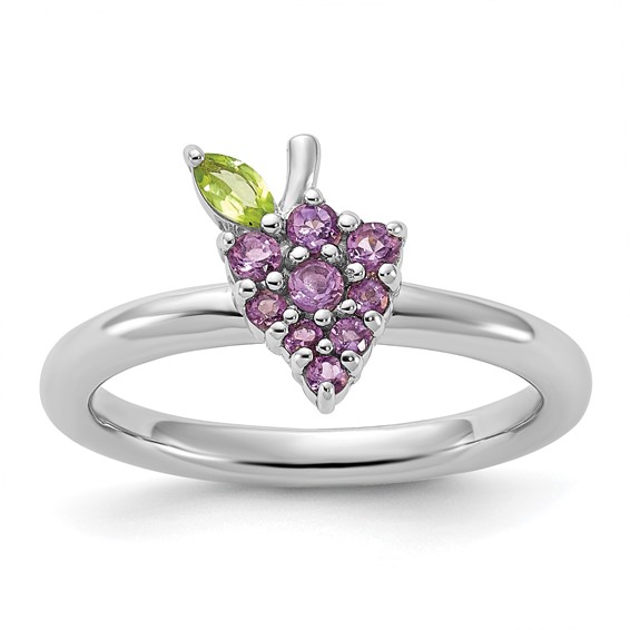 Sterling Silver Stackable Expressions Rhodium-plated Amethyst and Peridot Grapes Ring