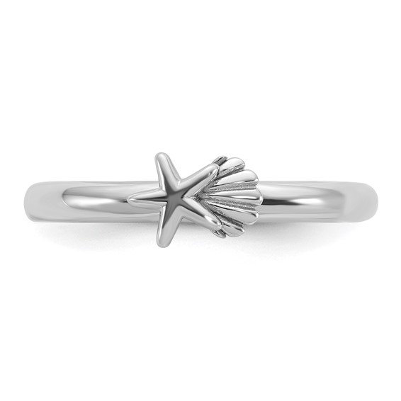 Sterling Silver Stackable Expressions Rh-plated Starfish and Shell Ring