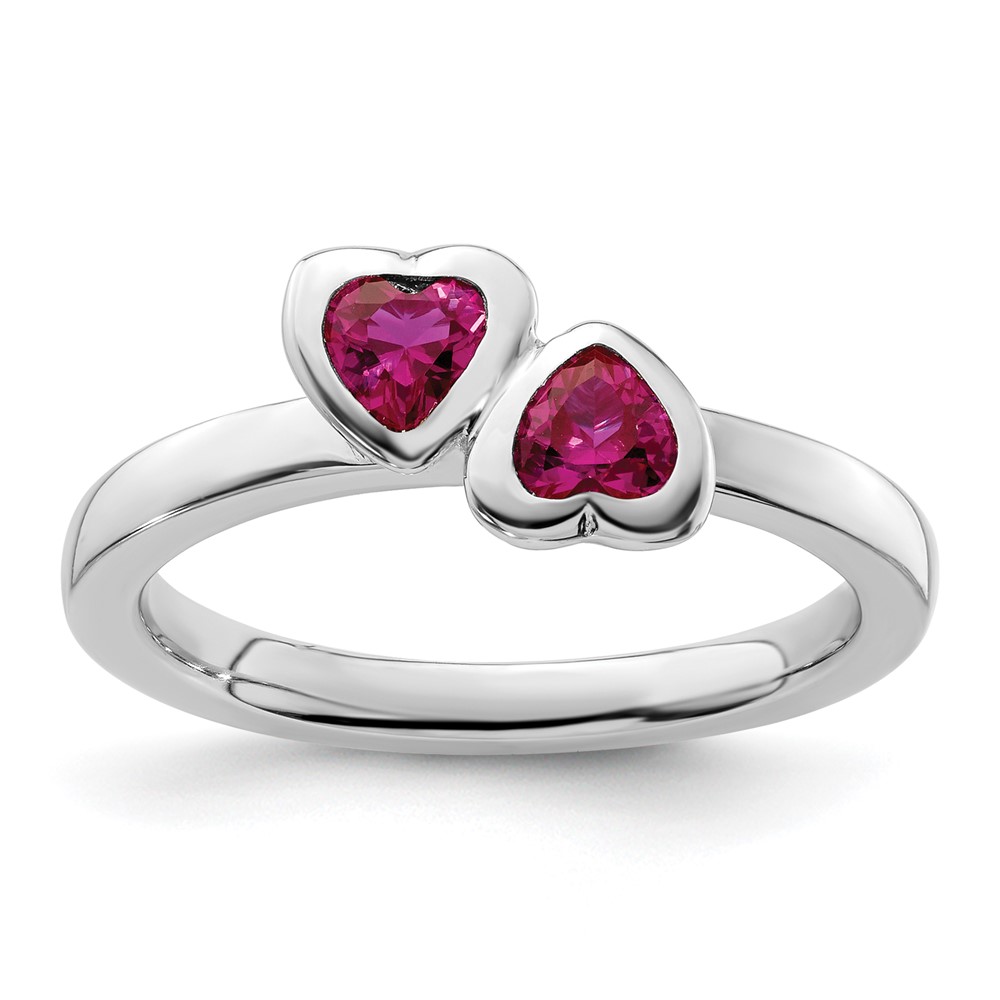 Sterling Silver Stackable Expressions Cr. Ruby Double Heart Ring - Size 9 main product image