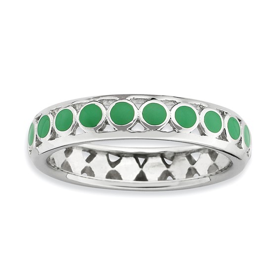 Sterling Silver Stackable Expressions Polished Green Circles Enameled Ring