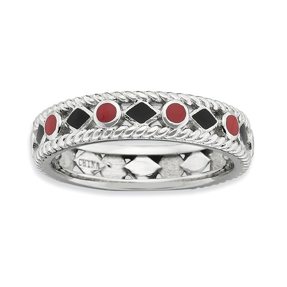 Sterling Silver Stackable Expressions Polished Red/Black Enameled Ring