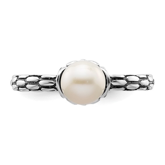 Sterling Silver Stack Exp. Polished Patterned White FW Cultured Pearl Ring