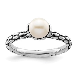Sterling Silver Stack Exp. Polished Patterned White FW Cultured Pearl Ring
