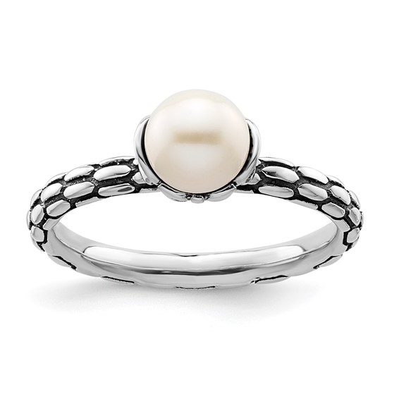Sterling Silver Stack Exp. Polished Patterned White FW Cultured Pearl Ring