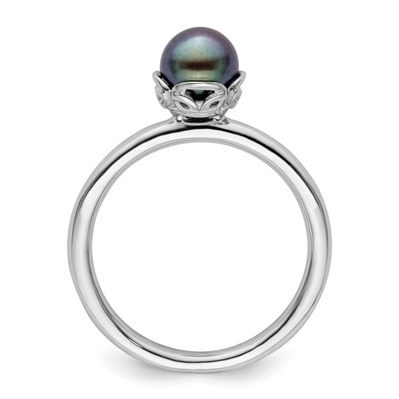 Sterling Silver Stack Exp. Polished Black FW Cultured Pearl Ring