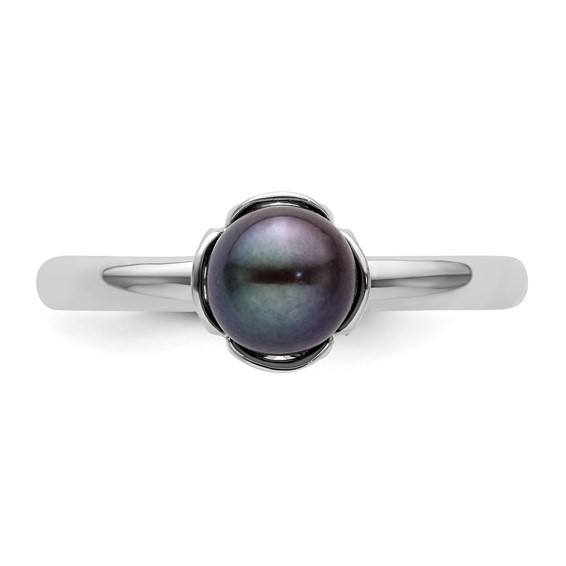 Sterling Silver Stack Exp. Polished Black FW Cultured Pearl Ring