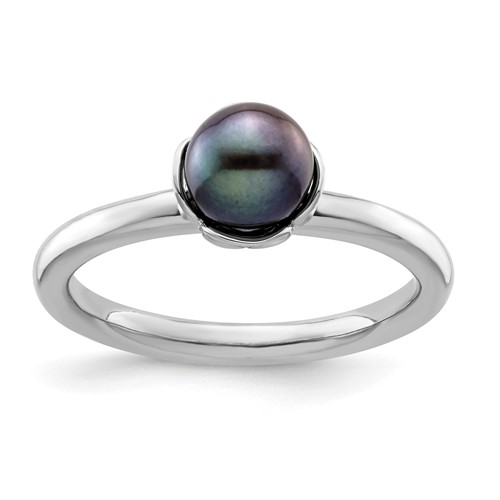 Sterling Silver Stack Exp. Polished Black FW Cultured Pearl Ring