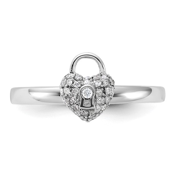 Sterling Silver Stackable Expressions Polished Diamond Heart Lock Ring