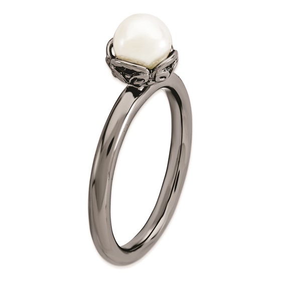 Sterling Silver Stack Exp. White FW Cultured Pearl Black-plate Ring