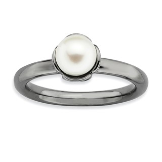 Sterling Silver Stack Exp. White FW Cultured Pearl Black-plate Ring