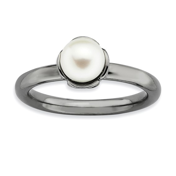 Sterling Silver Stack Exp. White FW Cultured Pearl Black-plate Ring