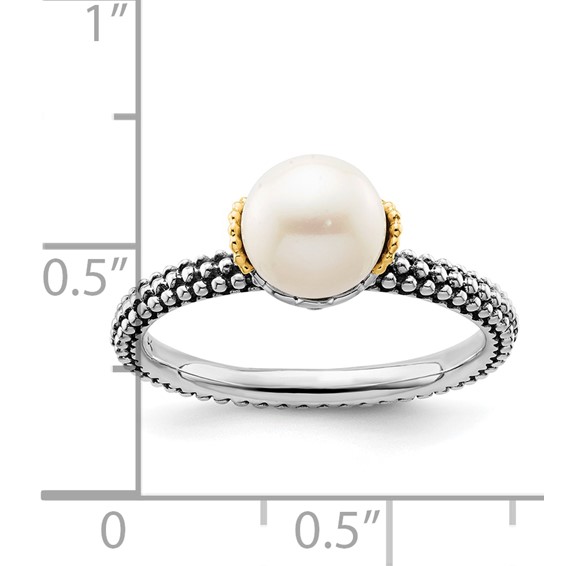 Sterling Silver & 14k Stack Exp. 7.0-7.5mm White FW Cultured Pearl Ring