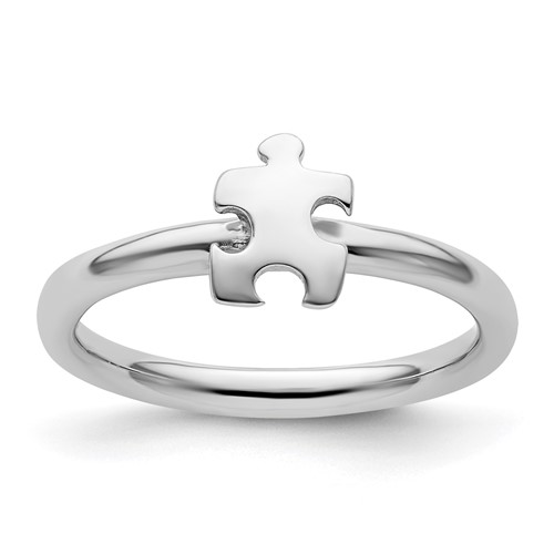 Sterling Silver Stackable Exp. Rhodium-plated Awareness Puzzle Piece Ring