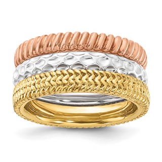 Sterling Silver Stackable Expressions Gold-tone & Rose-tone Textured Pattern 3 Ring Set