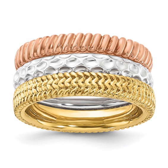 Sterling Silver Stackable Expressions Gold-tone & Rose-tone Textured Pattern 3 Ring Set