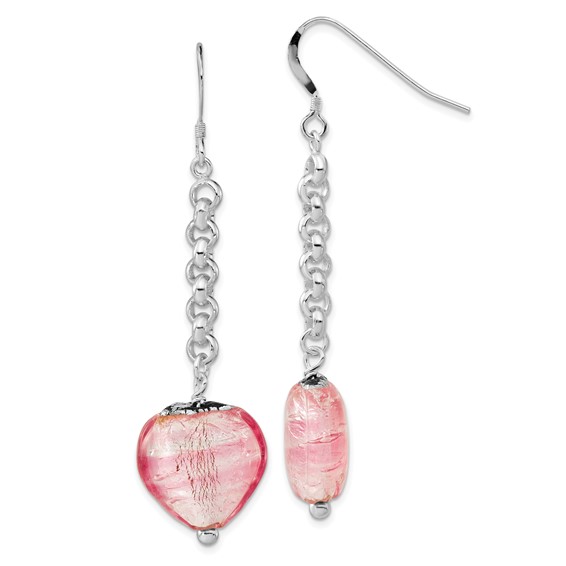 Sterling Silver Polished Pink Murano Glass Heart Earrings and Necklace Set