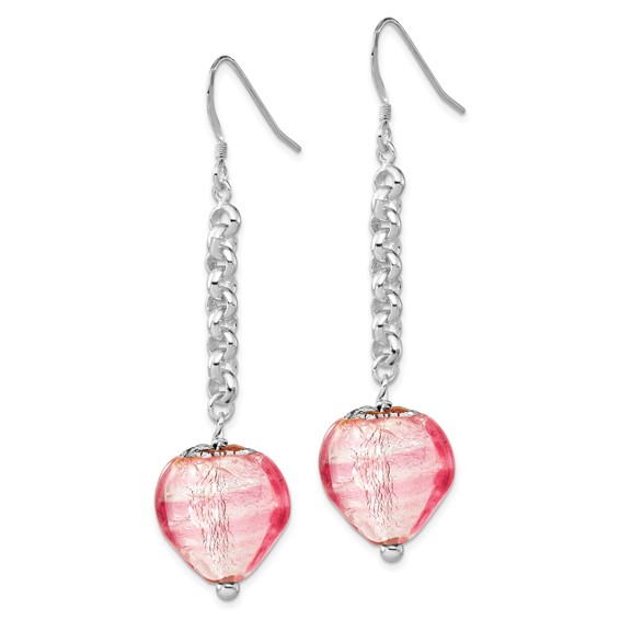 Sterling Silver Polished Pink Murano Glass Heart Earrings and Necklace Set