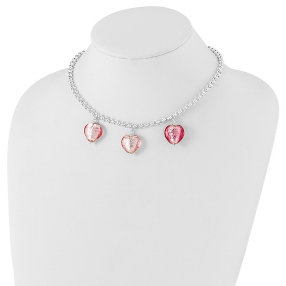 Sterling Silver Polished Pink Murano Glass Heart Earrings and Necklace Set