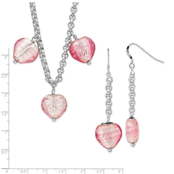 Sterling Silver Polished Pink Murano Glass Heart Earrings and Necklace Set