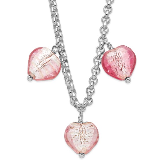Sterling Silver Polished Pink Murano Glass Heart Earrings and Necklace Set