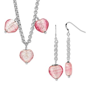 Sterling Silver Polished Pink Murano Glass Heart Earrings and Necklace Set