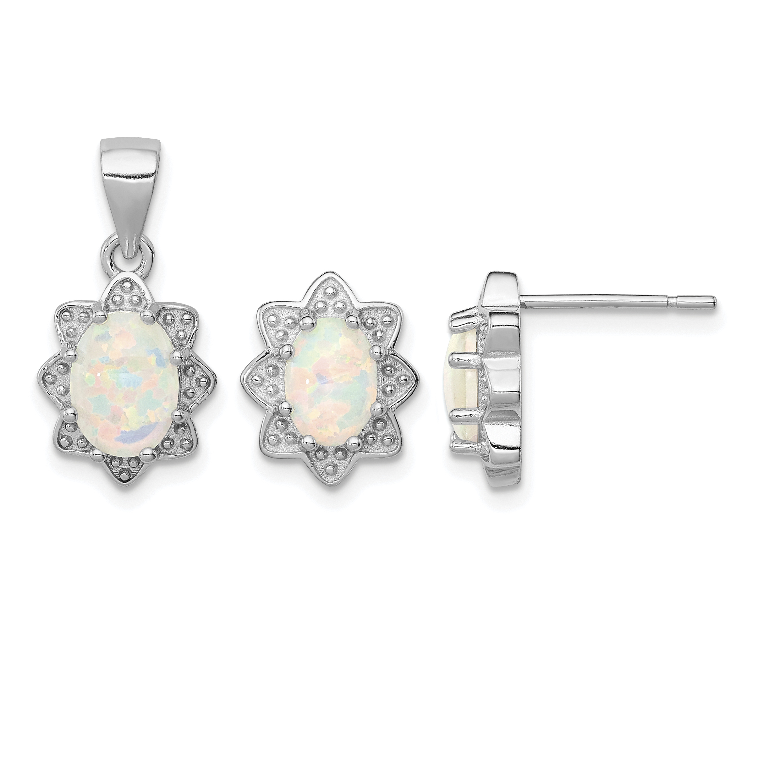 Sterling Silver Rhodium-plated Created Opal Pendant and Earring Set (QST203)