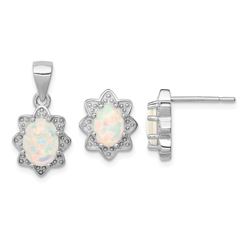 Sterling Silver Rhodium-plated Lab Created Opal Pendant and Earring Set