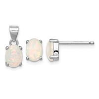 Sterling Silver Rhodium-plated Lab Created Oval Opal Pendant and Post Earrings Set view 1