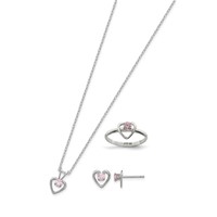 Sterling Silver Polished Pink CZ Heart Children's Necklace, Ring & Post Earrings Set, 15in Size 3 view 2