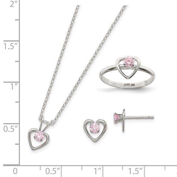 Sterling Silver Polished Pink CZ Heart Children's 15in Necklace, Size 3 Ring & Post Earrings Set