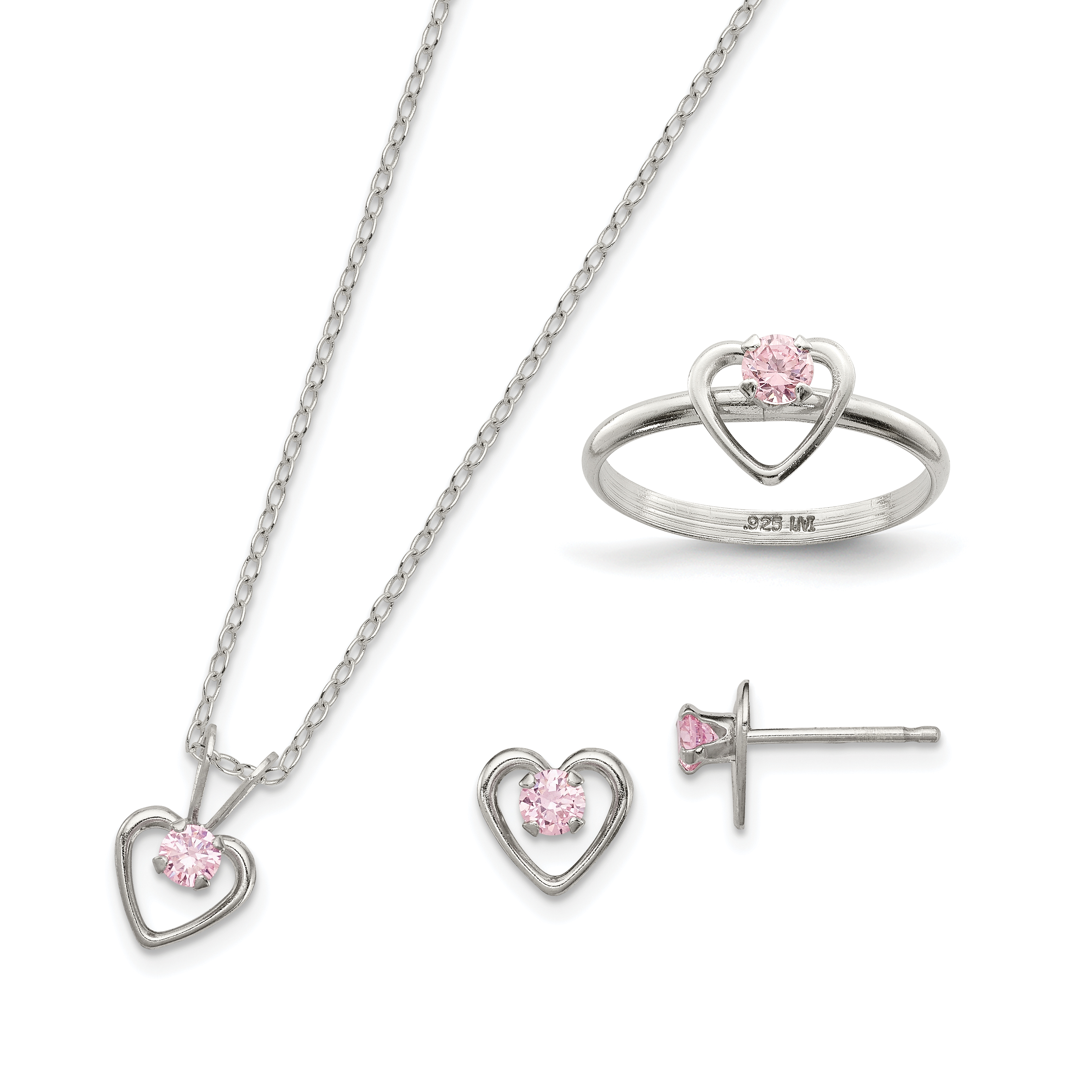 Sterling Silver Polished Pink CZ Heart Children's 15in Necklace, Size 3 Ring & Post Earrings Set (QST247SET)