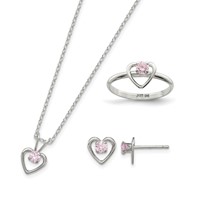 Sterling Silver Polished Pink CZ Heart Children's Necklace, Ring & Post Earrings Set, 15in Size 3 view 1