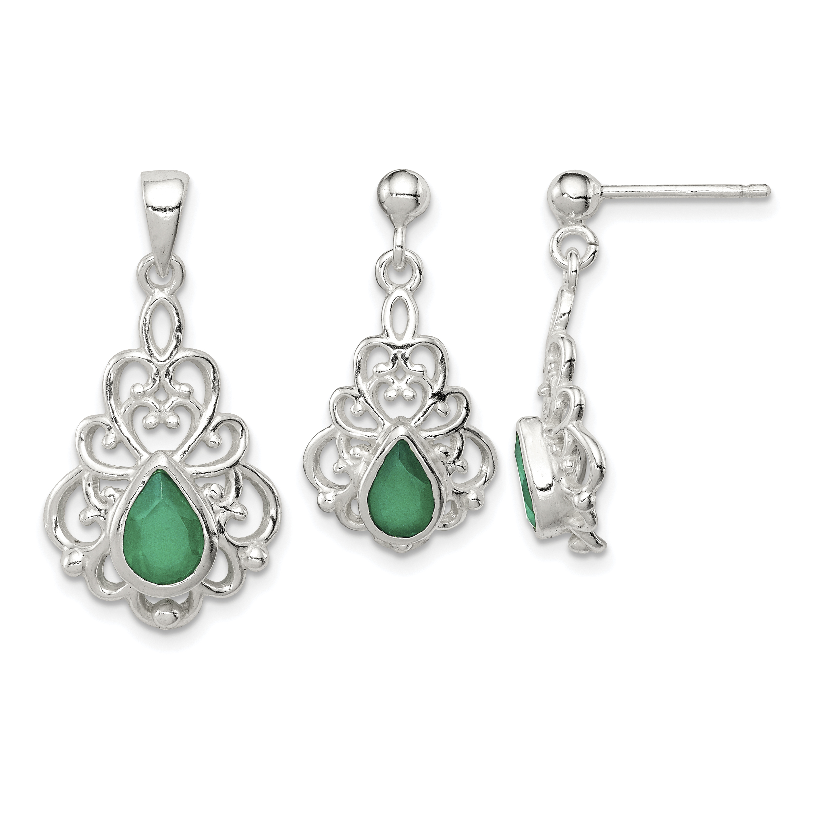 Sterling Silver Polished Green Agate Pendant and Post Earrings Set (QST251)