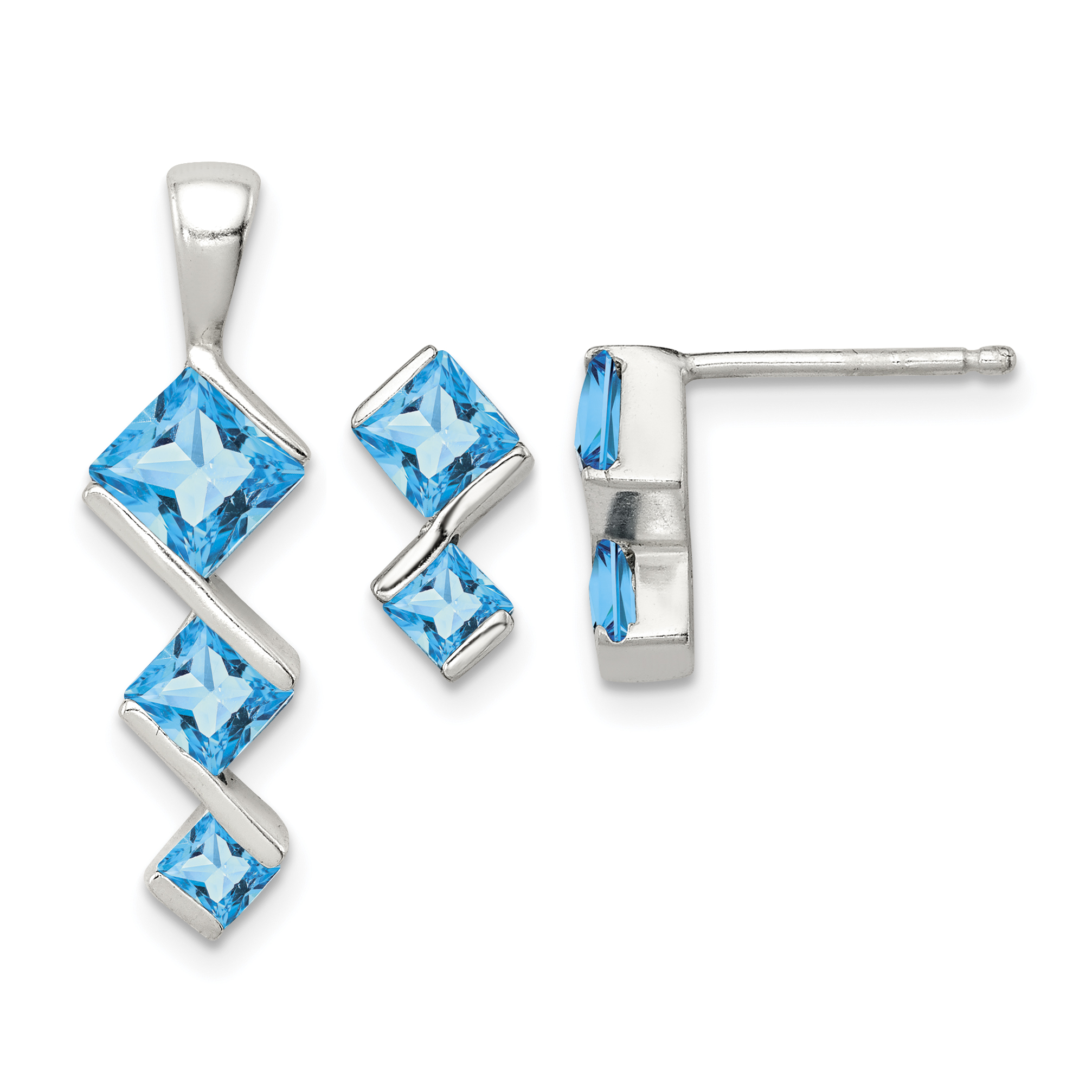 Sterling Silver Polished Blue Topaz Pendant and Post Earrings Set (QST252)