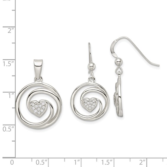 Sterling Silver CZ Heart in Circle Pendant and Earrings Set