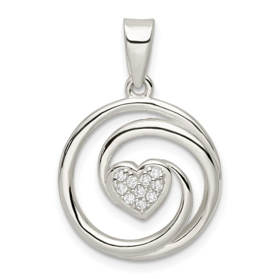 Sterling Silver CZ Heart in Circle Pendant and Earrings Set