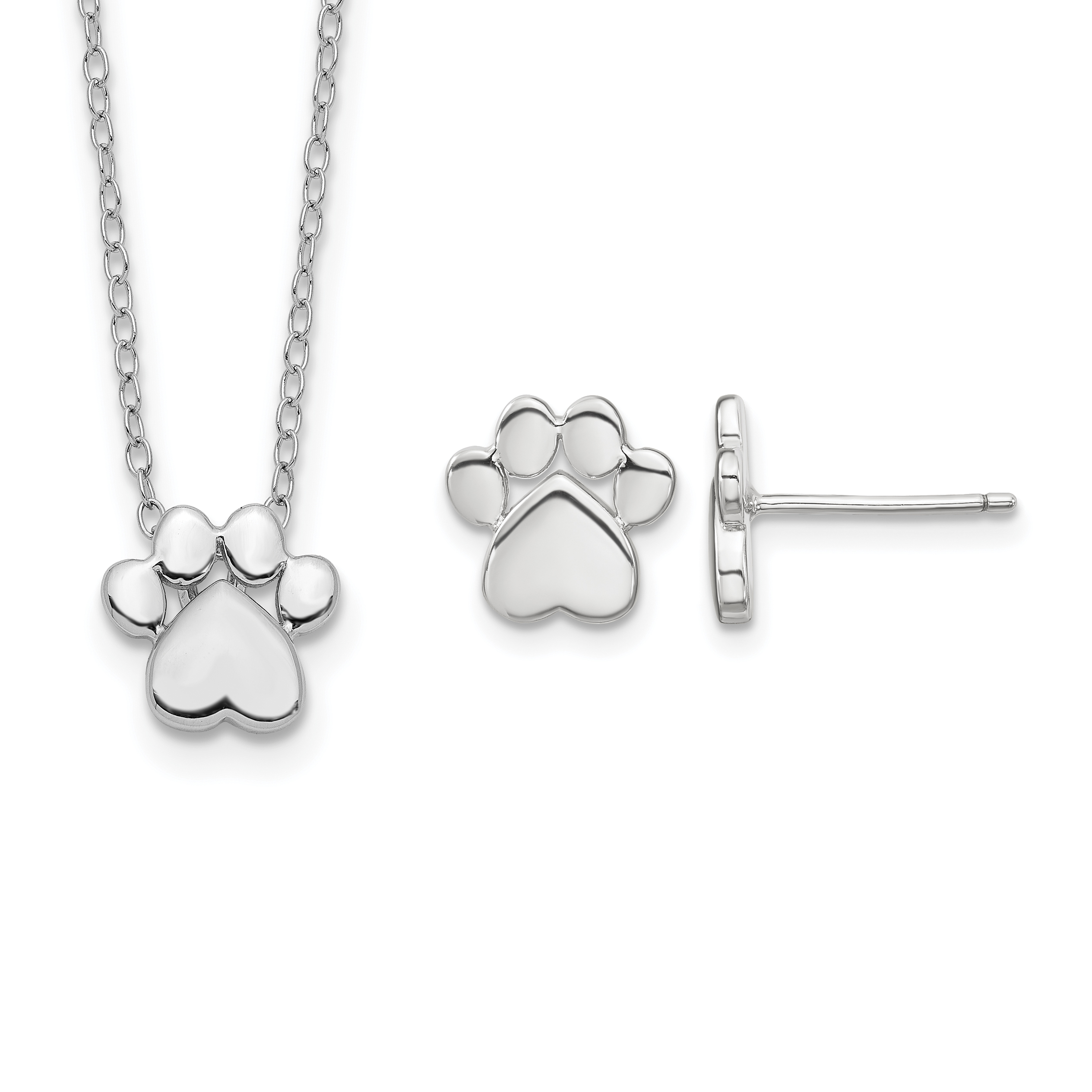 Sterling Silver RH-plated Paw Print w/2 in ext. Post Earring Necklace Set (QST270)