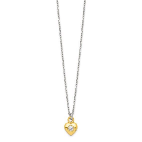 Sterling Silver & Gold-tone Polished CZ Heart Children's 14in Necklace and Post Earrings Set