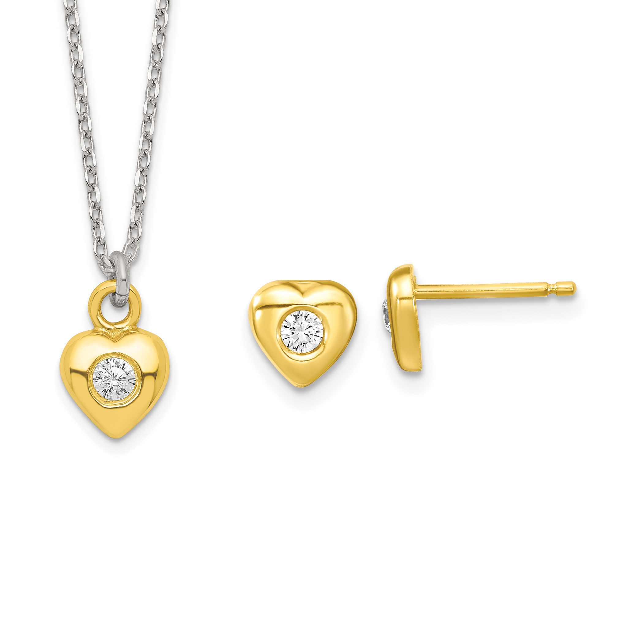 Sterling Silver & Gold-tone Polished CZ Heart Children's 14in Necklace and Post Earrings Set (QST271)