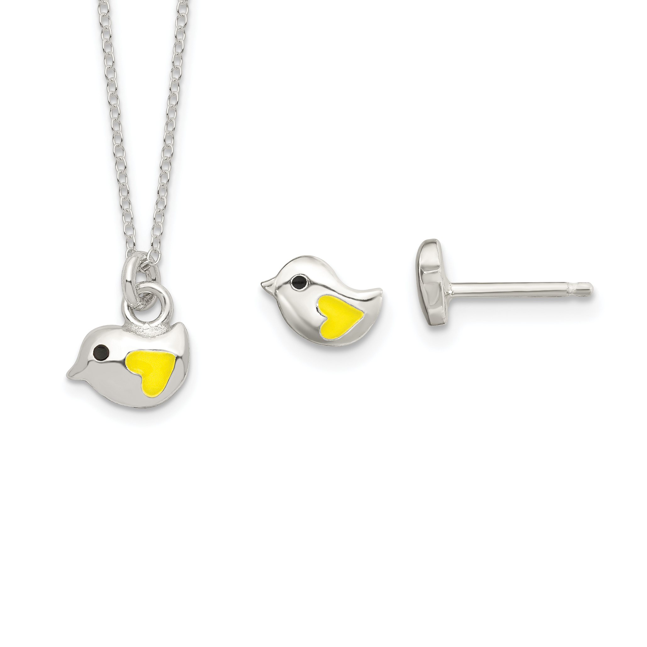 Sterling Silver Polished Yellow & Black Enameled Bird 14in Necklace and Post Earrings Set (QST273)