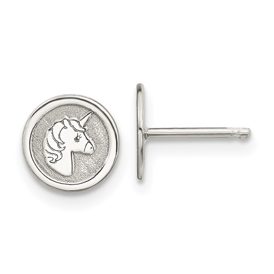 Sterling Silver Polished & Textured Unicorn Children's 14in Necklace and Post Earrings Set