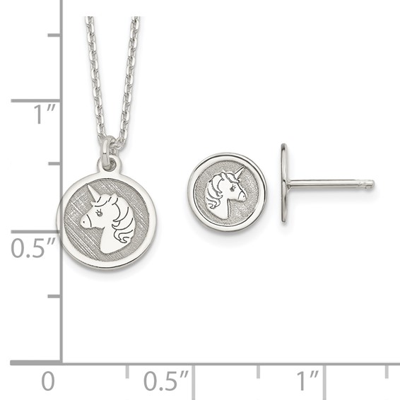 Sterling Silver Polished & Textured Unicorn Children's 14in Necklace and Post Earrings Set
