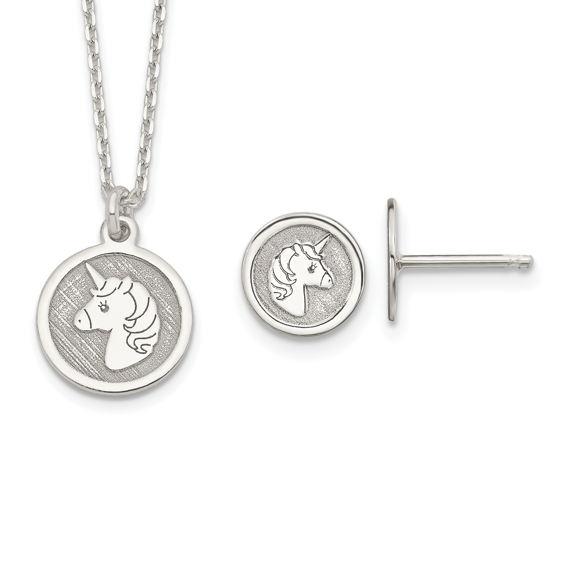 Sterling Silver Polished & Textured Unicorn Children's 14in Necklace and Post Earrings Set (QST275)