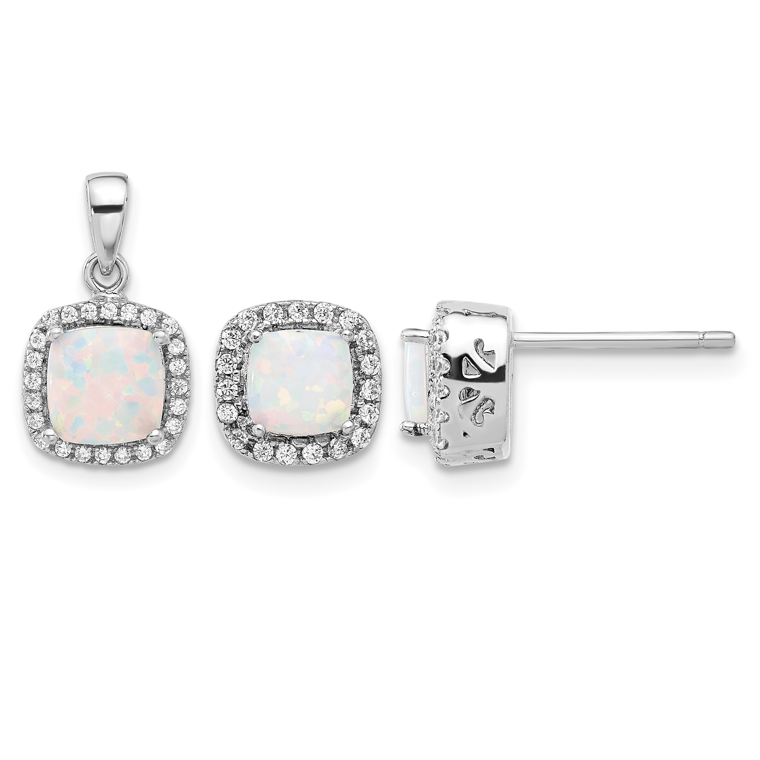 Sterling Silver Rh-plated CZ and Created Opal Halo Pendant and Earring Set (QST276)