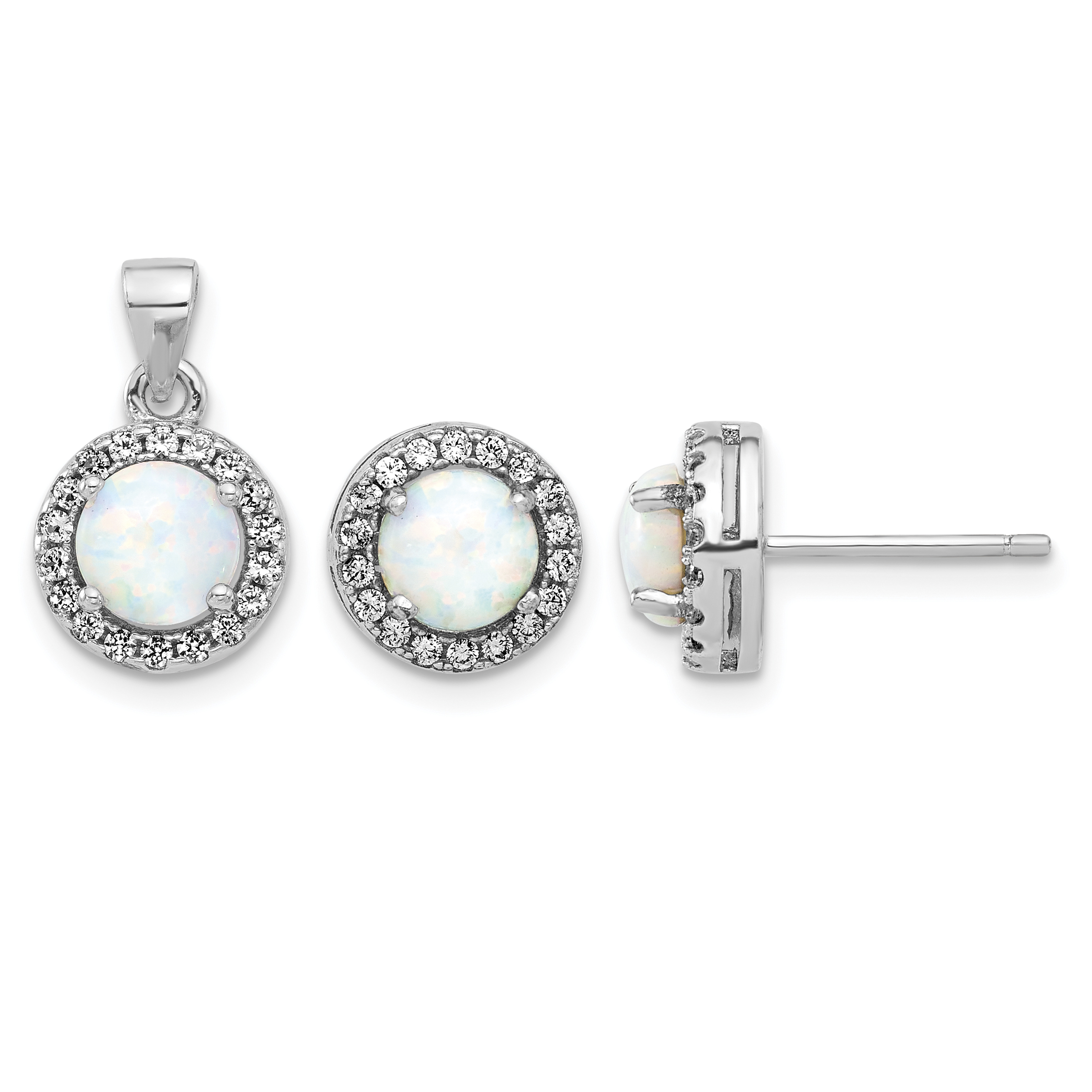 Sterling Silver Rh-plated CZ and Created Opal Halo Pendant and Earring Set (QST277)