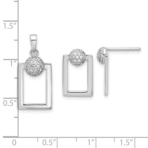 Sterling Silver RH-plated Micro Pave CZ Rectangle Earrings and Pendant Set