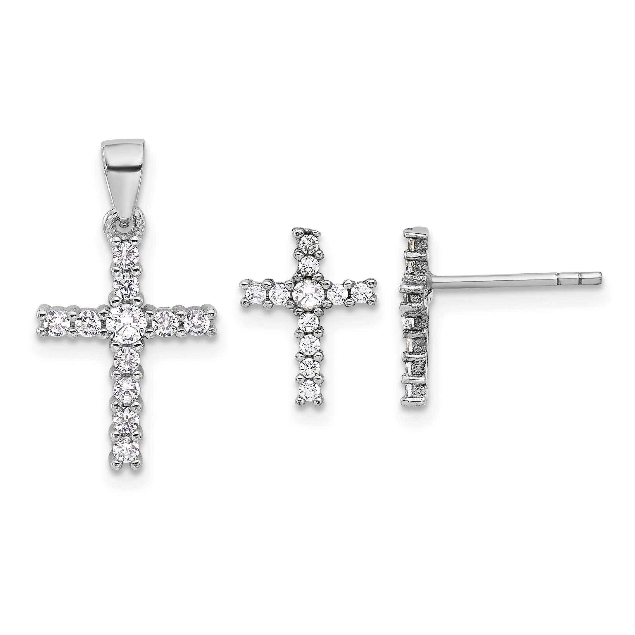 Sterling Silver Rhodium-plated CZ Cross Post Earrings and Pendant Set (QST279)