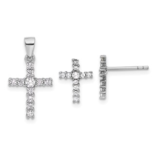 Sterling Silver Rhodium-plated CZ Cross Post Earrings and Pendant Set
