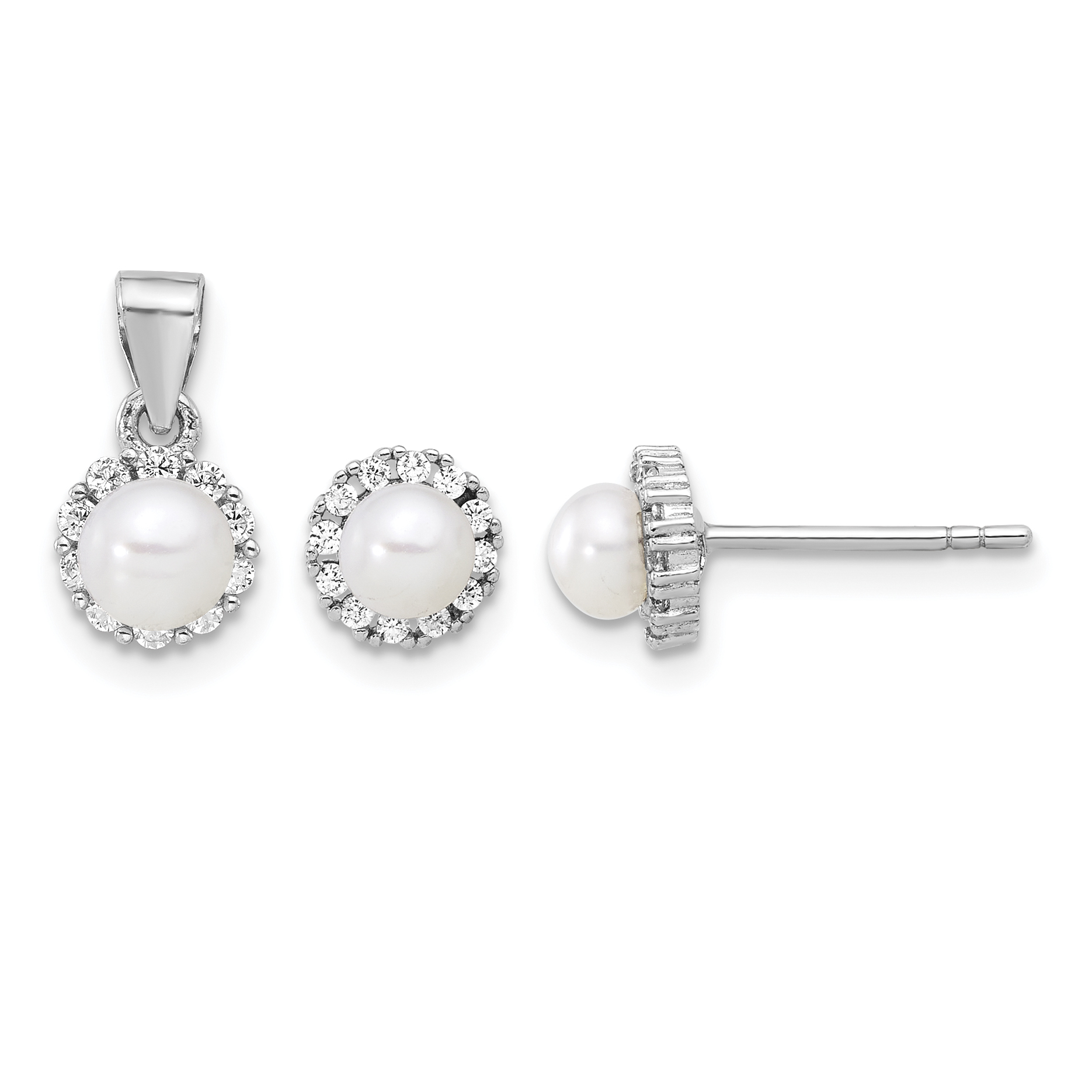 Sterling Silver Rh-plated 4-4.5mm FWC Pearl and CZ Earrings and Pendant Set (QST280)