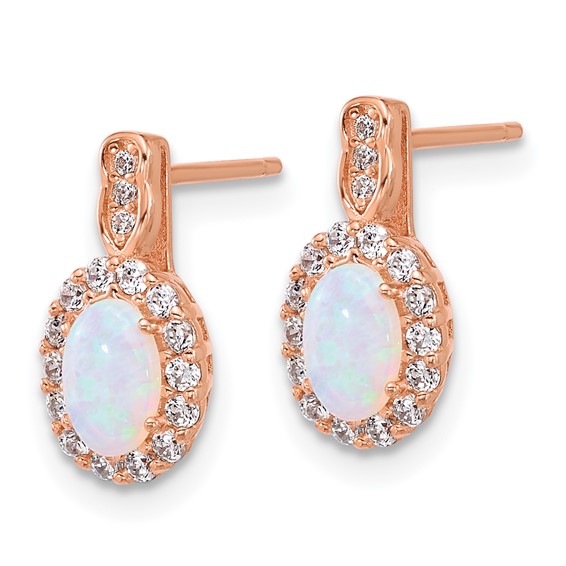 Sterling Silver Rose-tone Polished Lab Created Opal and CZ Oval Halo Post Earrings and Chain Slide Pendant Set
